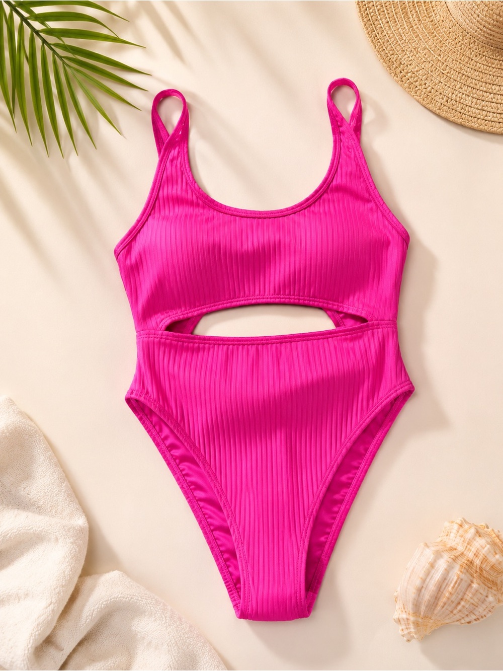 Hot Pink Ribbed Cutout One-Piece Swimsuit